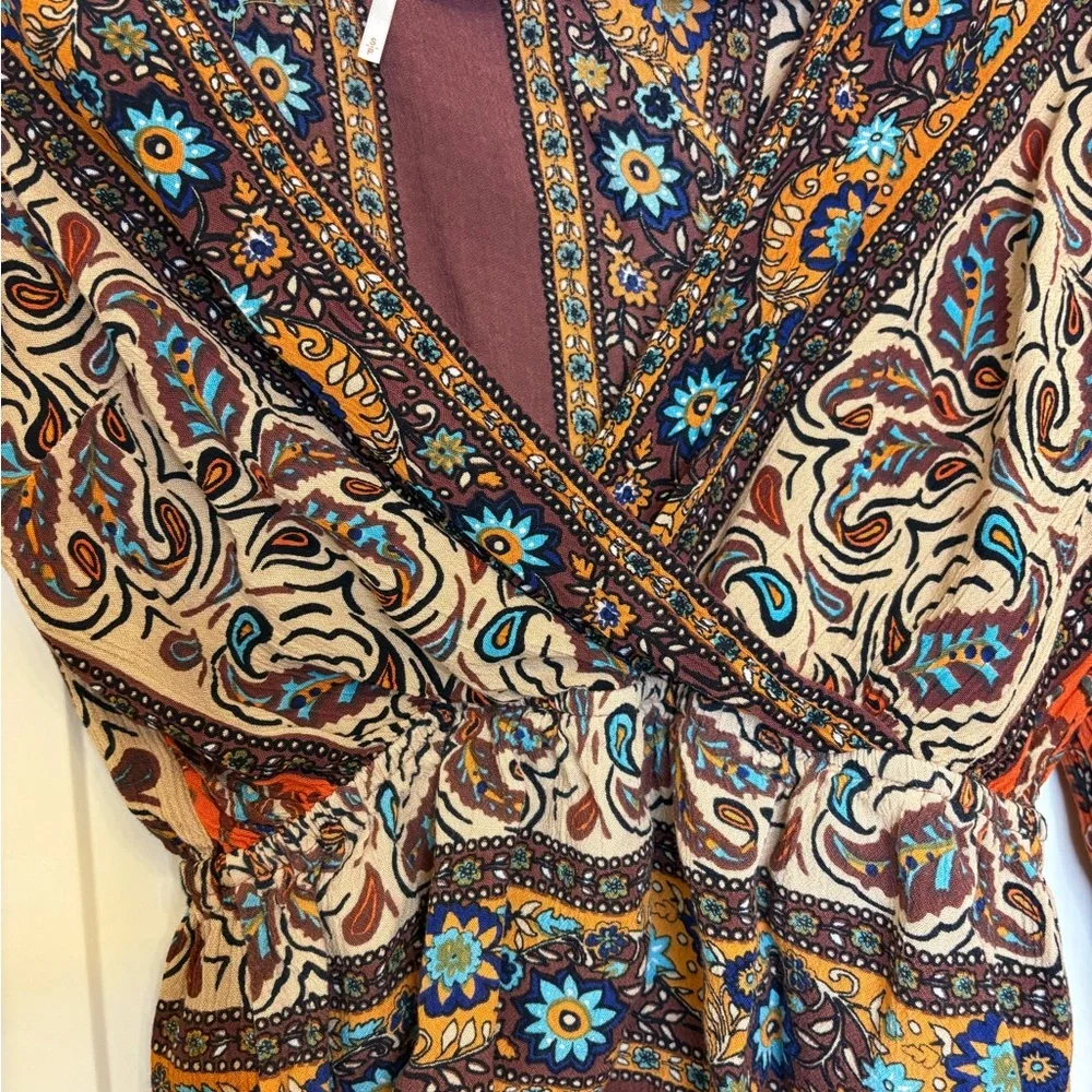 Free People Boho Paisley Peplum Blouse S Orange Blue Bell Sleeve Top - Picture 4 of 7